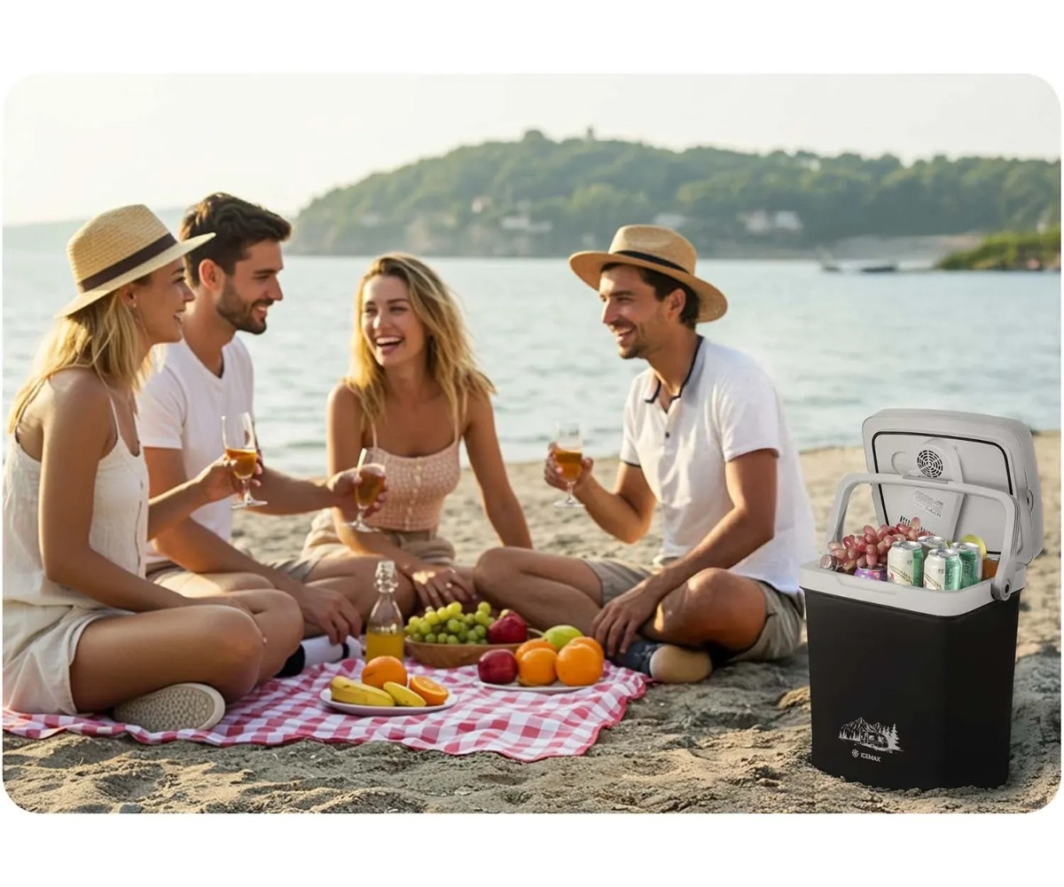 Reisikülmik 26L ECO-režiimiga Berdsen Icemax – must, koos sõpradega rannas, toidud ja joogid külmikus