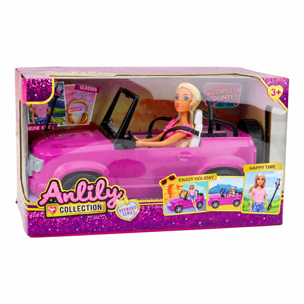 Anlily nukk lilla autoga 30cm pakendis, näidates nuku ja auto laste mänguasjana.