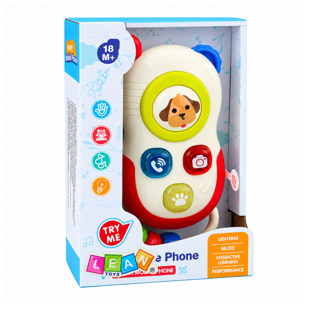 Interaktiivne telefon lastele valguse ja heliga, millel on värvilised nupud ja koera pilt, pakendis.
