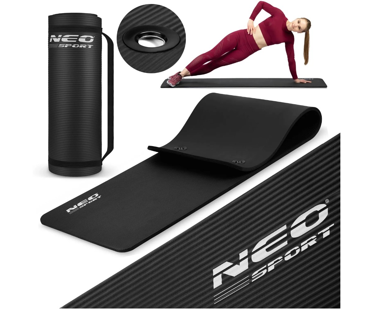 Treeningmatt riputusavadega Neo-Sport 183×60×1,5cm – must, kasutuses treeningul