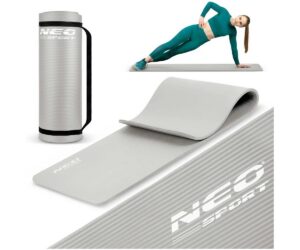 Võimlemismatt Neo-Sport 183×60×1cm – hall, kasutajal külgplank harjutus