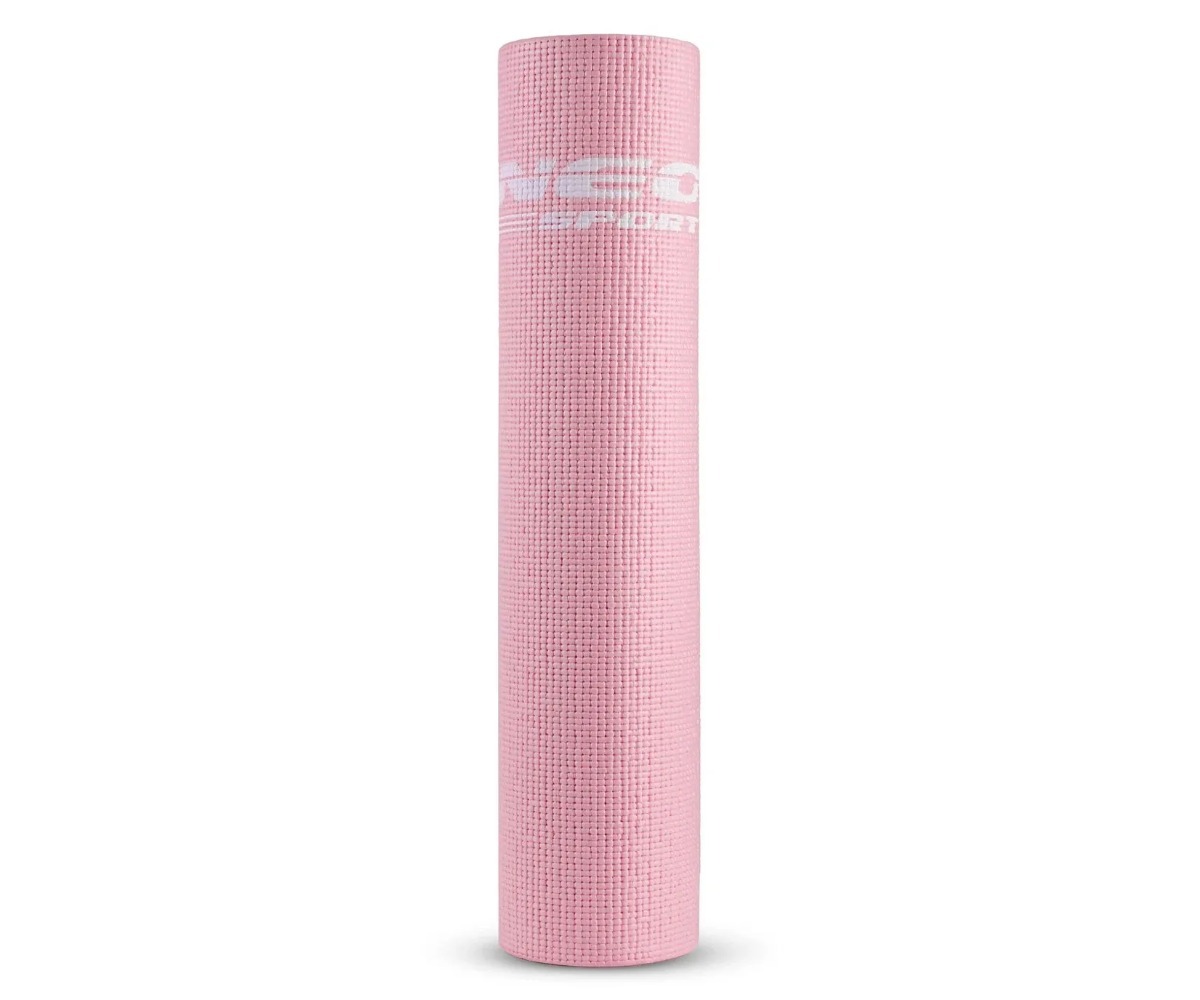 Võimlemismatt Neo-Sport 173×61×0,6cm – roosa, rullitud kuju ja brändi logo, valmis kasutamiseks.