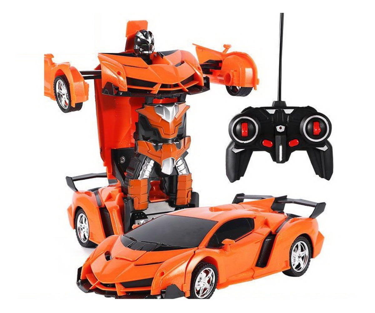 Puldiga juhitav transformeeruv robotauto 2in1 – oranž, kujutades robotautot ja puldi.