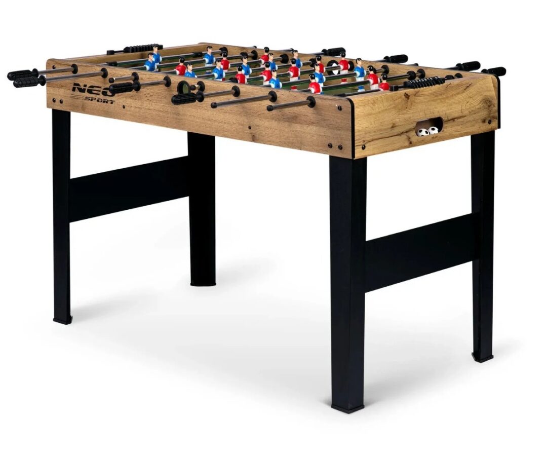 Lauajalgpall Neo-Sport NS-805 – 115×60×78cm, külgvaade, puidust ja mustast metallist konstruktsioon.