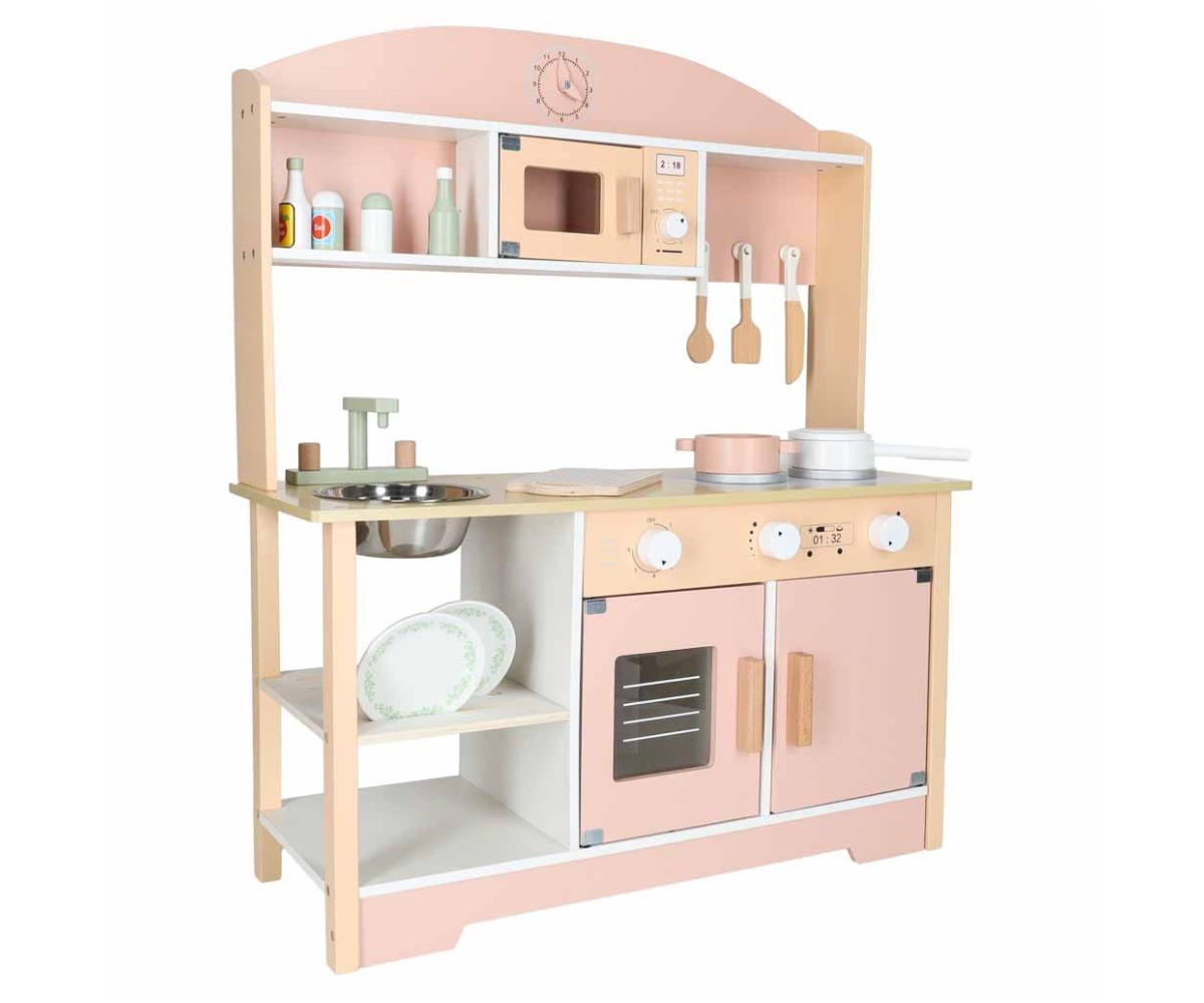 Puidust mänguköök lastele MODERN CLASSIC 82cm roosa, köök on seal menüü elementidega ja kaasahaaravate detailidega.