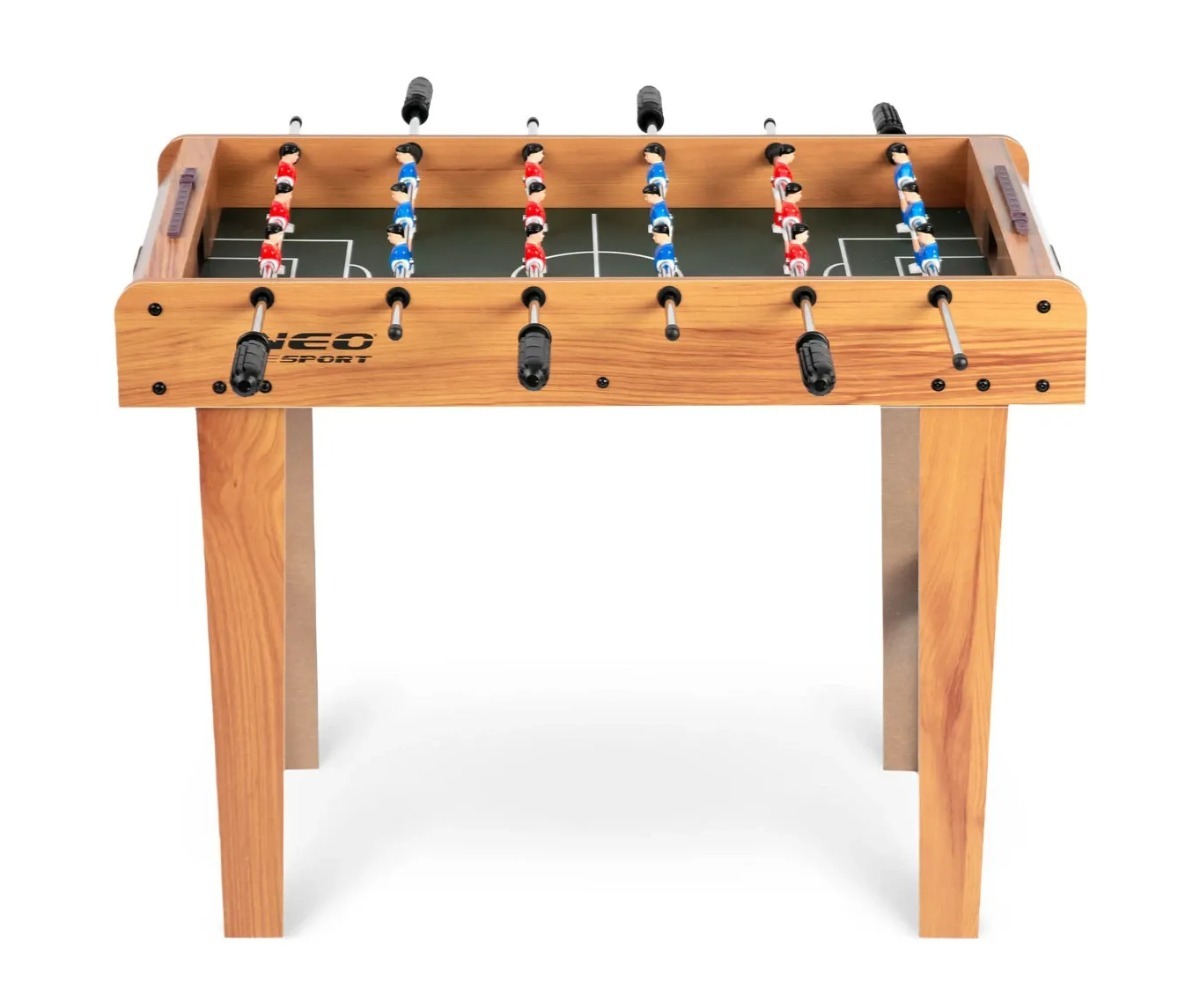 Lauajalgpallilaud Neo-Sport NS-802 69×37×62cm esiplaan, kus on näha mängunalle ja puidust raam.