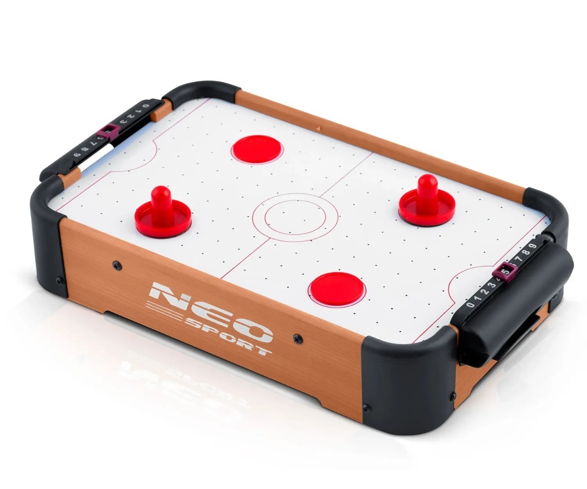 Mini õhuhokilaud lastele Neo-Sport NS-440 38×21,5×7cm, keskendudes laua disainile ja punastele mängutootedele.