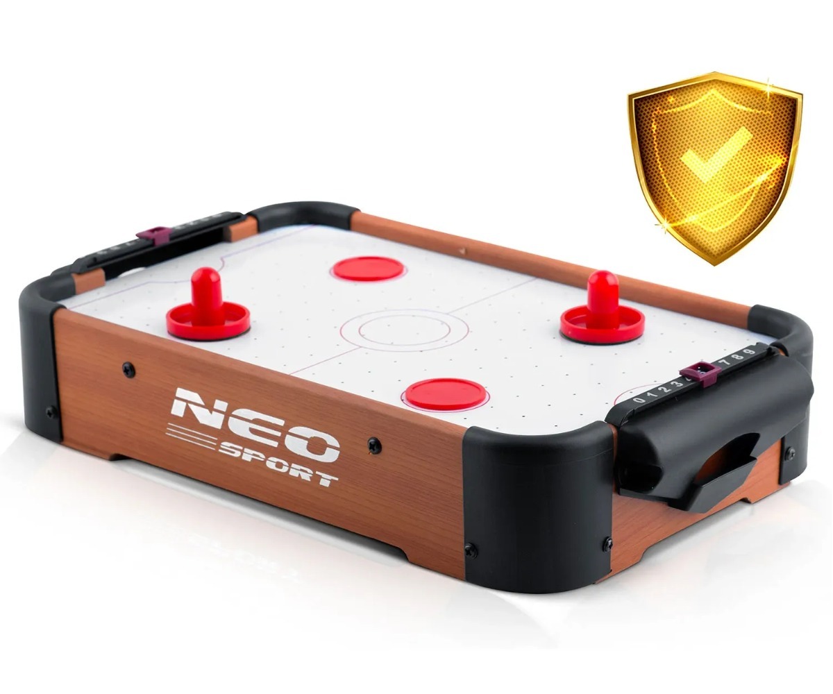 Mini õhuhokilaud lastele Neo-Sport NS-440 38×21,5×7cm, kujutades mängu lauda kvaliteeti ja silti.