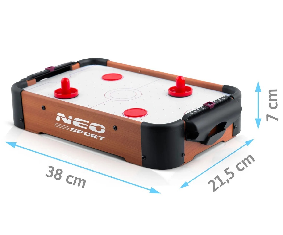 Mini õhuhokilaud lastele Neo-Sport NS-440, mõõtmed 38×21,5×7cm, detailne vaade mängulaudadest.