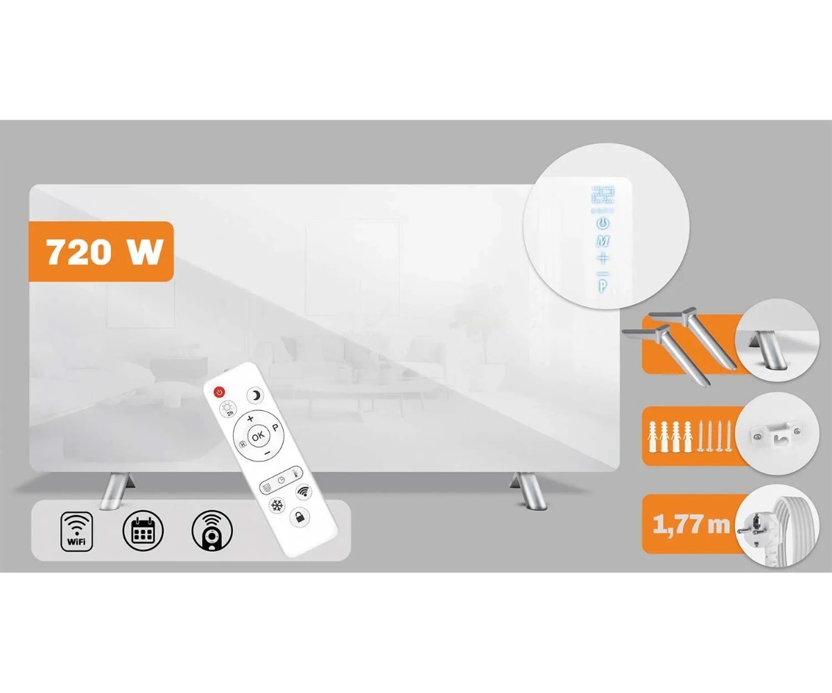 Infrapunaküttepaneel Berdsen BD-985 720W, millel on WiFi ja puldiga juhtimine, kuvab energiat 720 W.