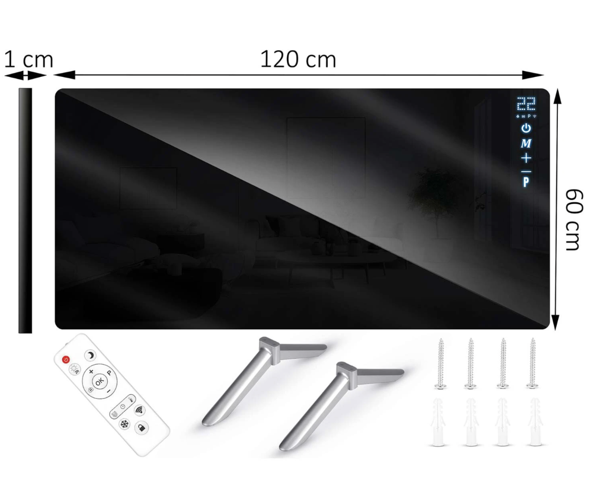 Infrapuna küttepaneel Berdsen BD-985 720W – WiFi ja puldiga (must) esipaneel, mõõdud 120x60x1 cm.