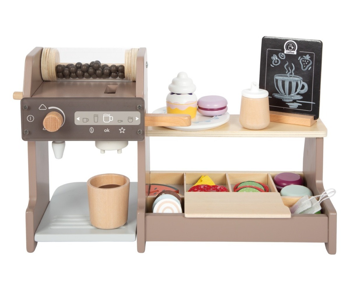 Puidust barista kohvikumängu komplekt Small Foot, millel on erinevad mängutegevused ja kohvimasin.