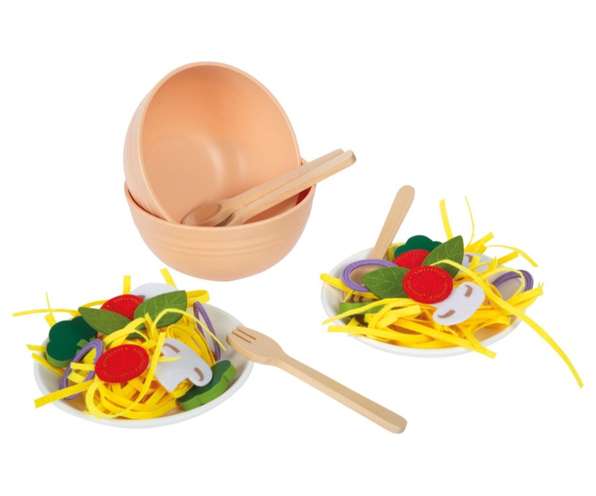 Pasta mängutoidu komplekt Small Foot (2+) koosneb kahel taldrikul serveeritavatest pastatoitudest ja kaussidest.
