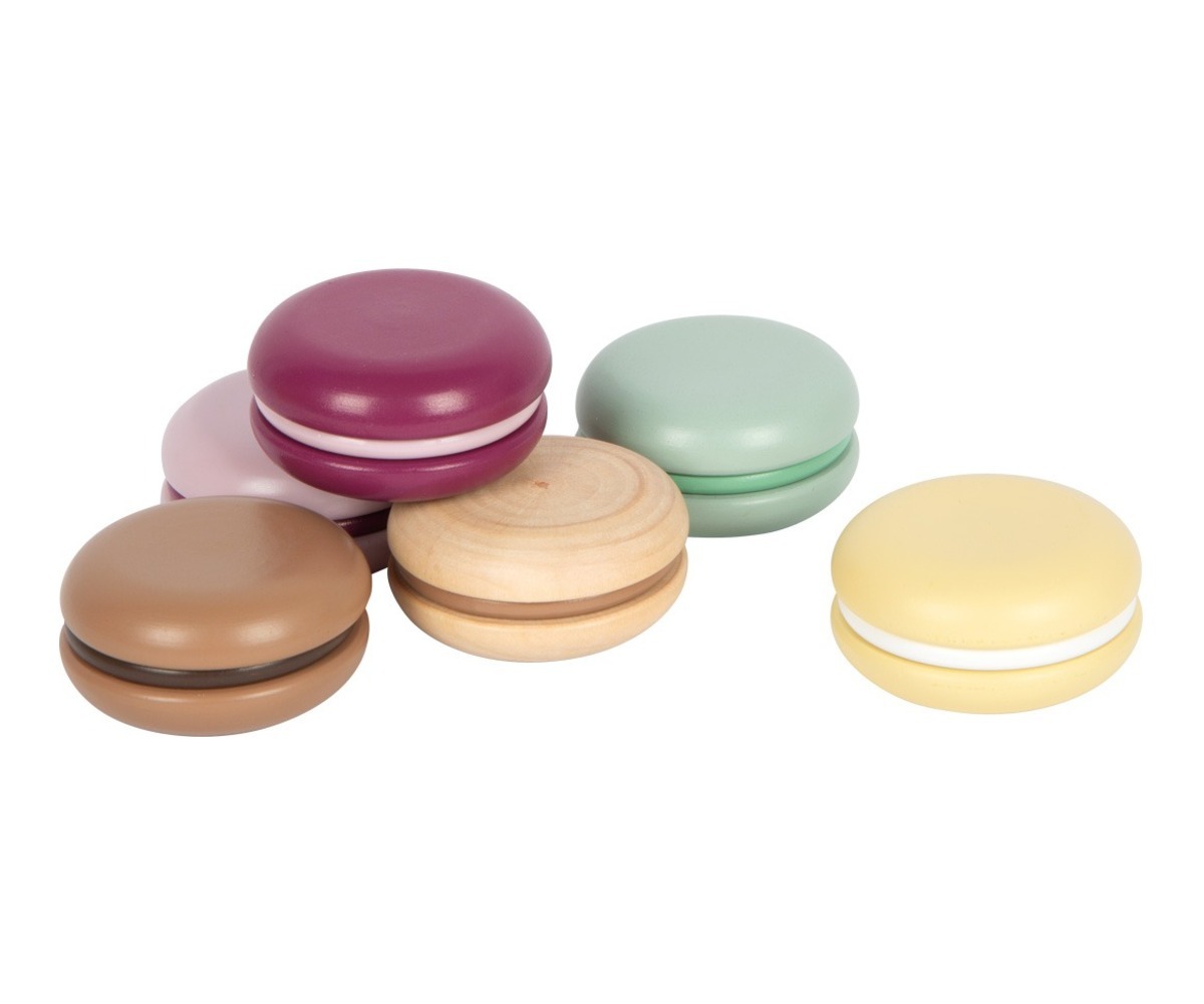 Puidust makroonid Fresh Small Foot – 6tk (2+) erinevates värvides, esitletud lahtiselt.