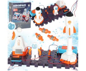 Elektroonika katsekomplekt lastele Kosmosejaam, millel on raketid, astronaudid ja juhtmestik.