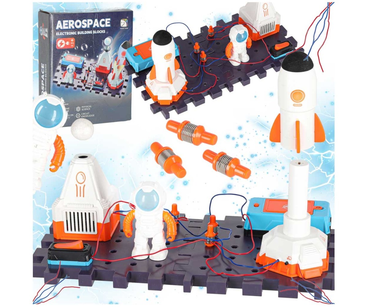 Elektroonika katsekomplekt lastele Kosmosejaam, millel on raketid, astronaudid ja juhtmestik.