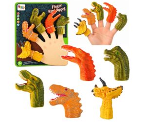 Näpunukud dinosaurused, 5-osaline kummist komplekt, esitletud käe peal. Neli erinevat dinosauruse kätetäit.