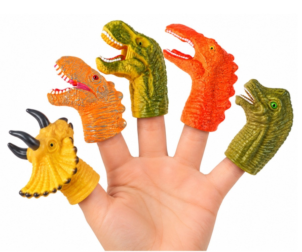 Käsi koos dinosauruste näpunukkudega, kus on viis värvikat kummist kätetäit. Näpunukud dinosaurused toovad mängu rõõmu.