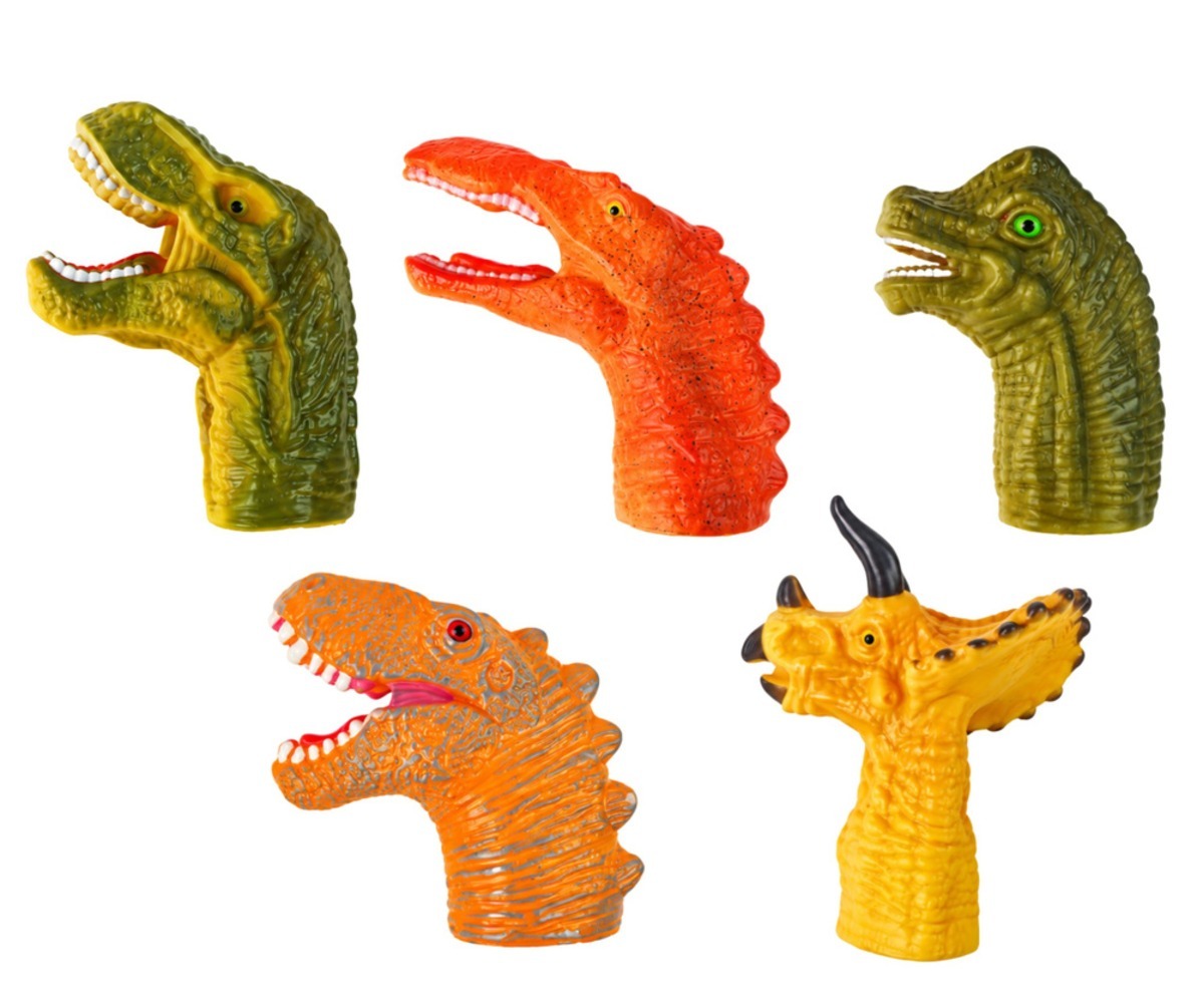 Viis erinevat dinosauruse näpunukku, värvid: roheline, oranž, punane ja kollane. Näpunukud dinosaurused pakuvad lõbusat mänguaega.