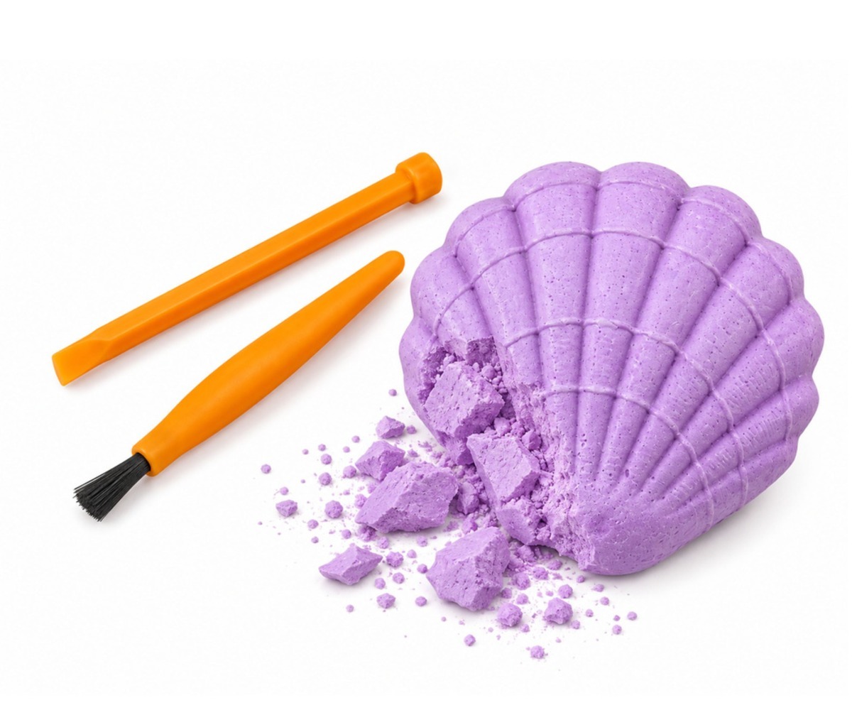 Arheoloogiline kaevamiskomplekt lastele Merineitsi merekarbis koos oranžide tööriistadega.