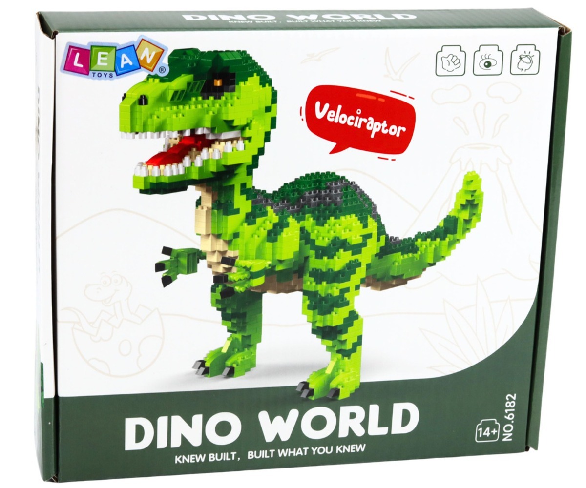 Dinosaurus Velociraptor 3D ehitusklotside komplekti pakend, kus on kujutatud Velociraptor dinosauruse mudelit.