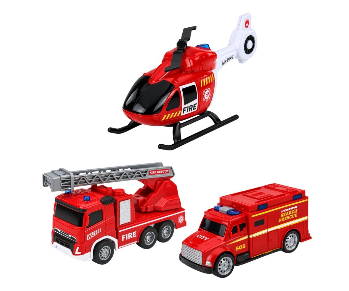 Tuletõrjedepoo garaaž koos tulekahju päästmiseks mõeldud mänguautode ja helikopteriga.
