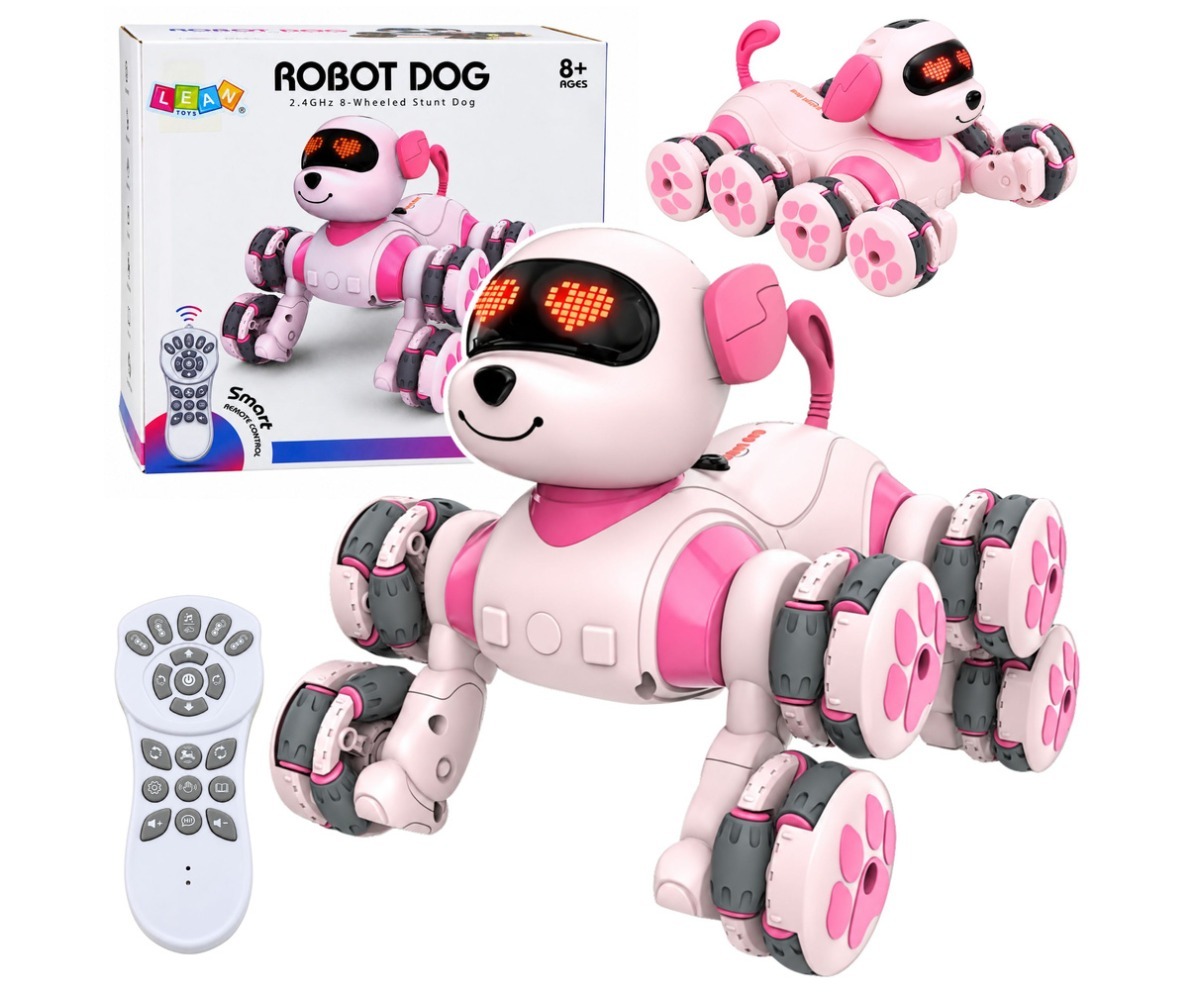Puldiga robotkoer 8 rattaga, nautides 360° trikke ja LED-valgustust, roosa värv.
