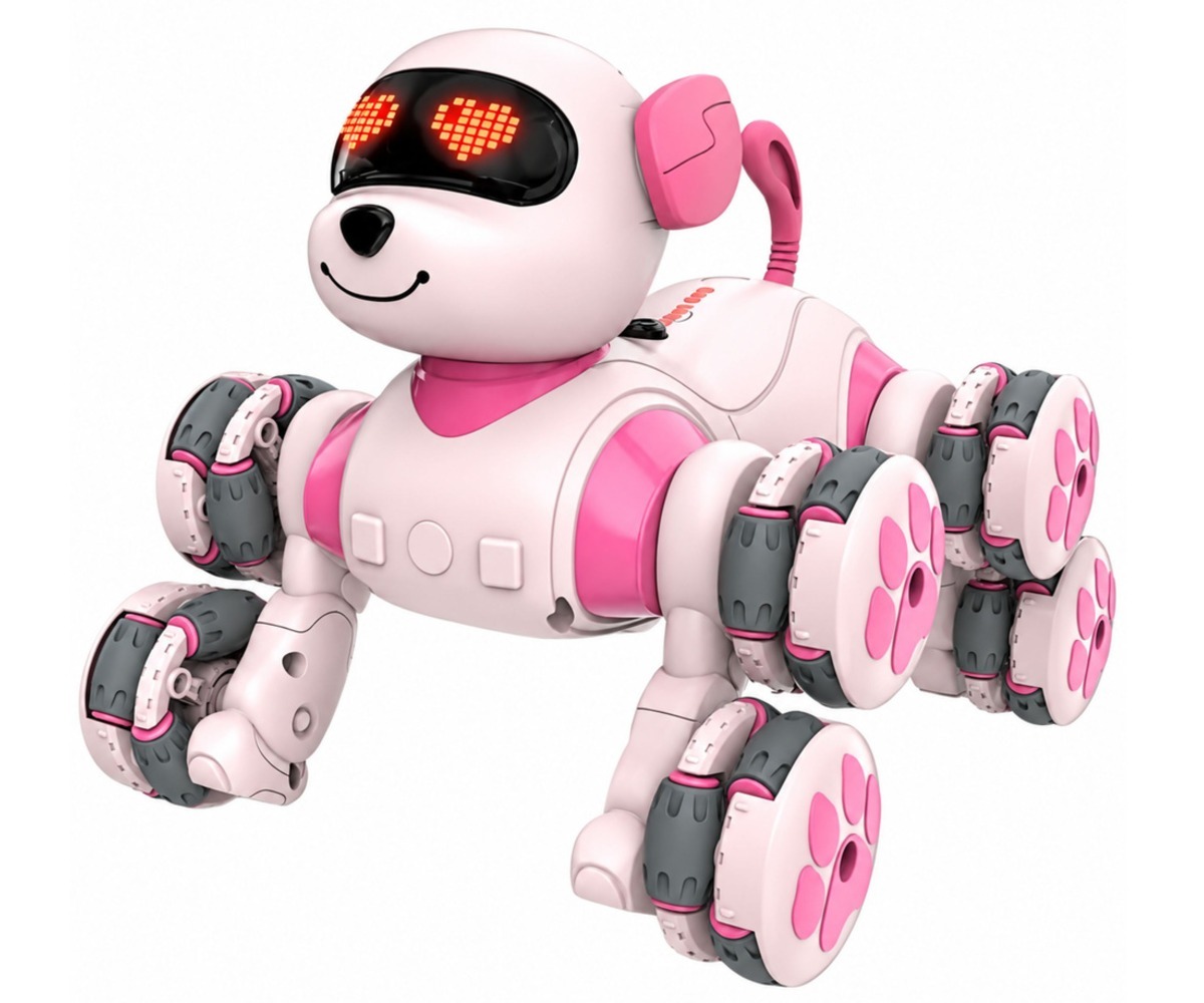 Lähedal pildistatud puldiga robotkoer 8 rattaga, näidates 360° trikke ja roosa disaini.