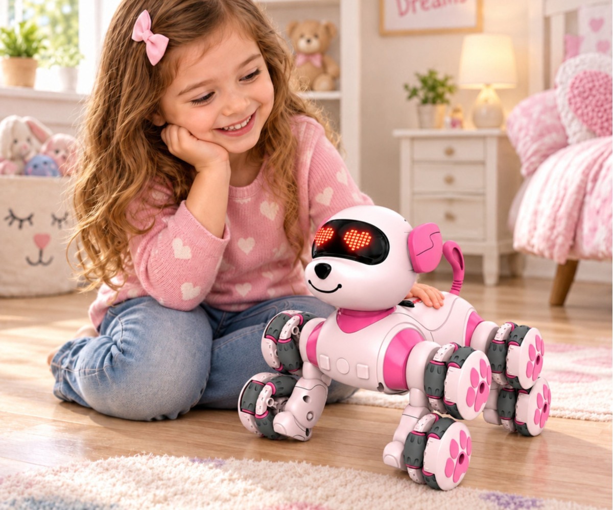 Laps mängib puldiga robotkoeraga, mis teeb 360° trikid ja on roosa värviga.