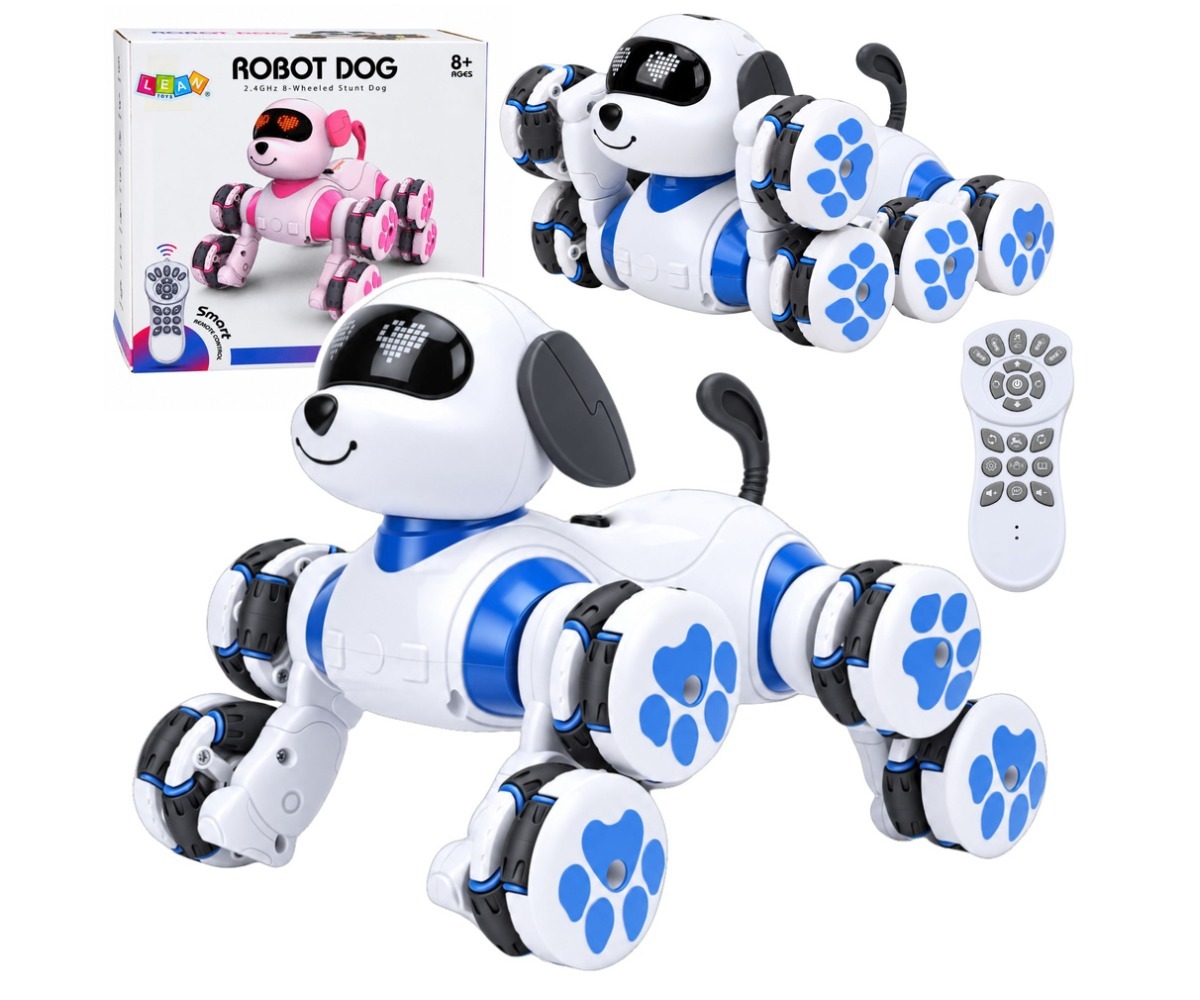 Puldiga robotkoer 8 rattaga, mis teeb 360° trikke ja on programmeeritav. Sinine värv.