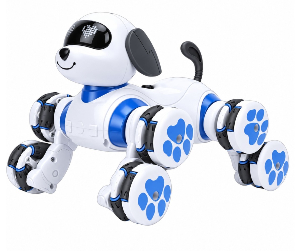 Puldiga robotkoer 8 rattaga sinises värvitoonis, näidates 360° trikke ja stiilset disaini.