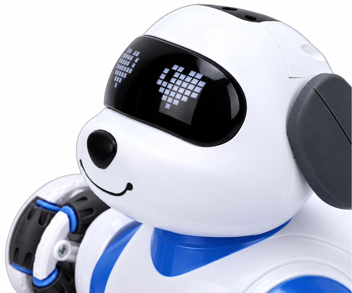 Puldiga robotkoer 8 rattaga lähedalt, rõõmsalt naeratav nägu LED valgustitega, demonstreerib oma funktsioone.