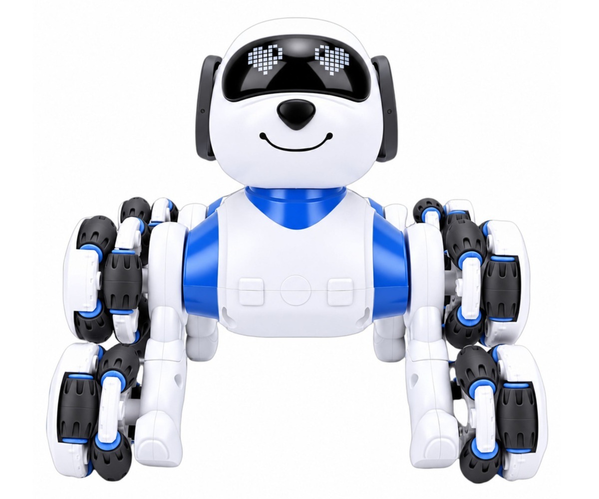 Puldiga robotkoer 8 rattaga, sinine, näitab oma rõõmsat nägu ja 360° trikke.
