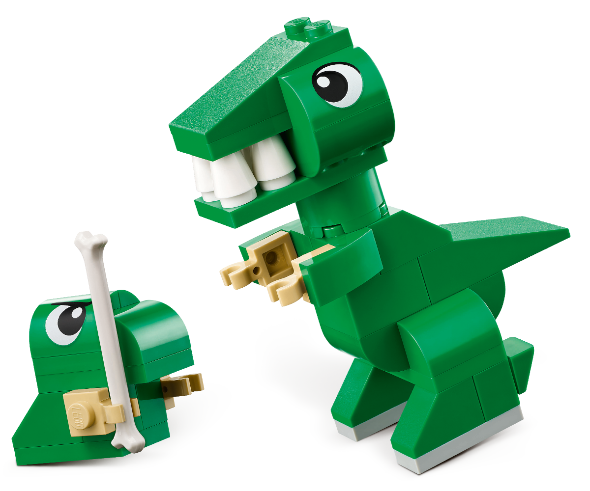 LEGO Classic Loomingulised dinosaurused – 450 osa (5+). Roheline T-rex mudel koos väikese dinosauruse ja luuga.