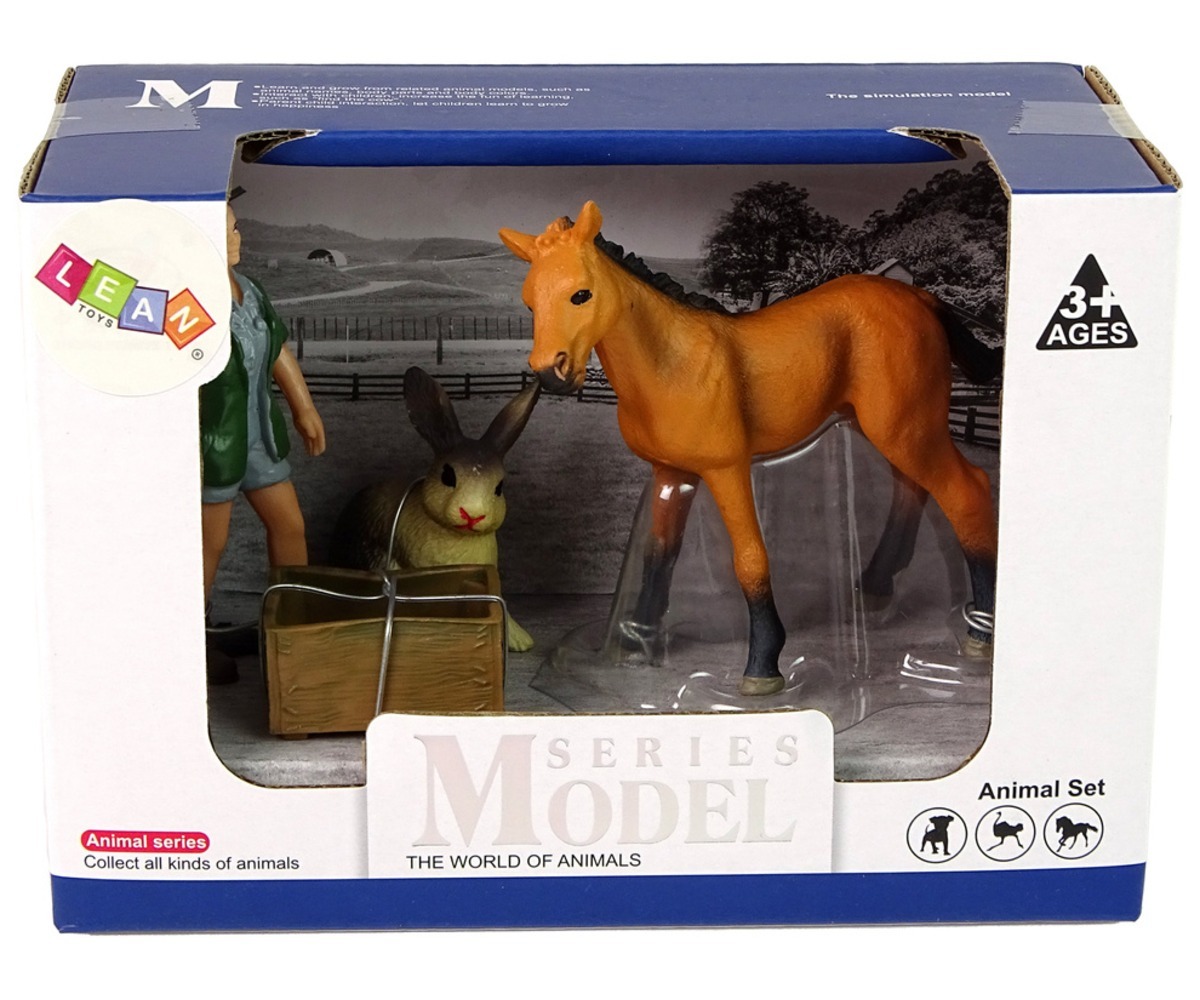 Loomafiguuride komplekti pakend hobuse ja loomaarstiga, ainulaadsete loomade mudelid.
