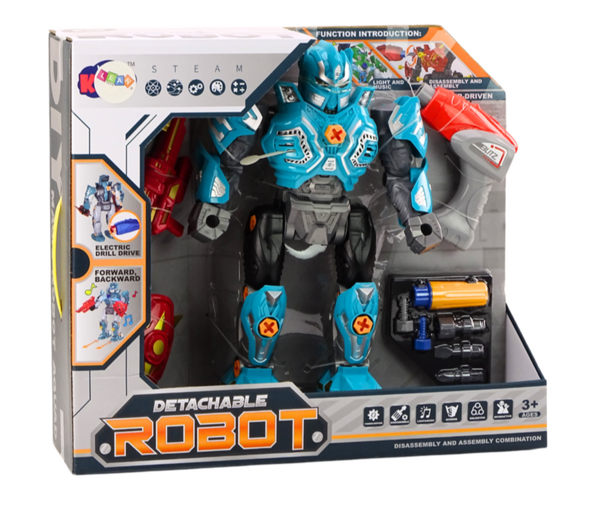Kokkupandav robot akutrelli ja heliefektidega – türkiissinine, pakendatud mänguasi, mis sisaldab elektrilist puurit.