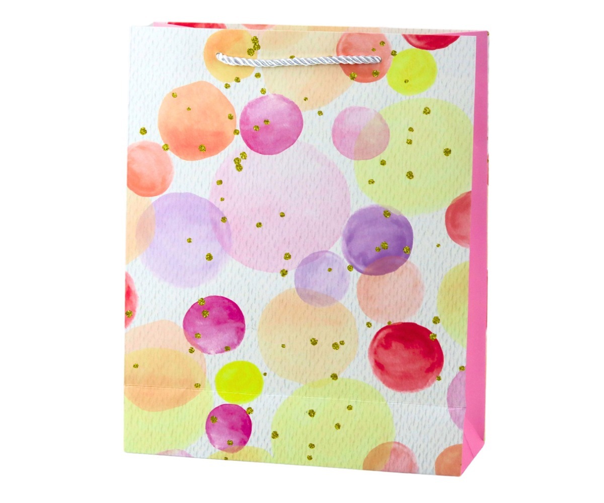 Pastelsetes värvides kingikott akvarelltäppidega, mõõtudega 32×26×10cm.