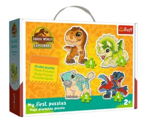 Pusle väikelastele Baby Classic Armsad dinosaurused – Trefl karp, millel on toa tagaplaanil erksad dinosaurused.