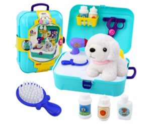 Lemmiklooma hoolduskomplekt Pet Care kohver-seljakotis, sisaldab erinevaid hooldusvahendeid ja pehmet mängukoera.