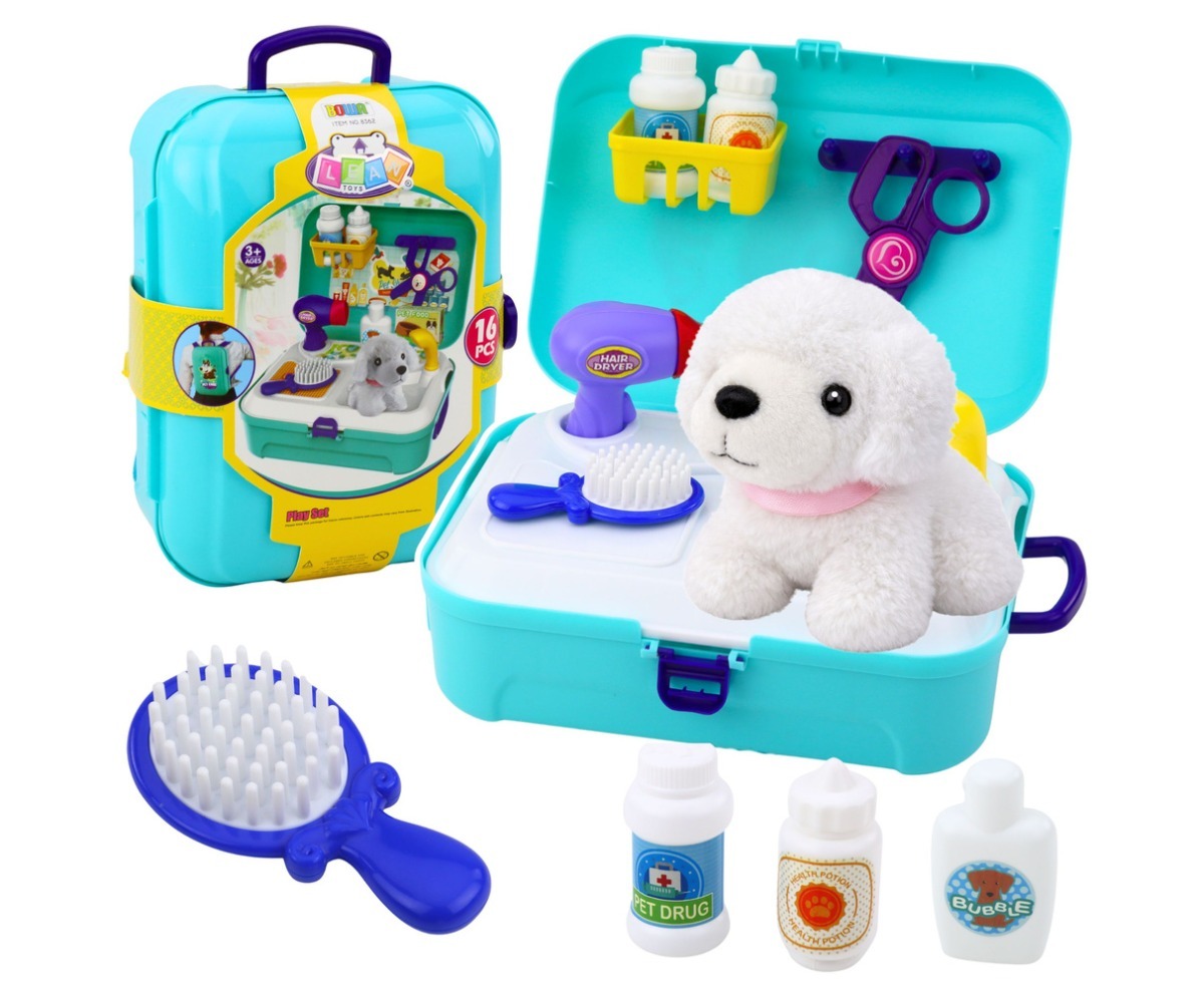 Lemmiklooma hoolduskomplekt Pet Care kohver-seljakotis, sisaldab erinevaid hooldusvahendeid ja pehmet mängukoera.