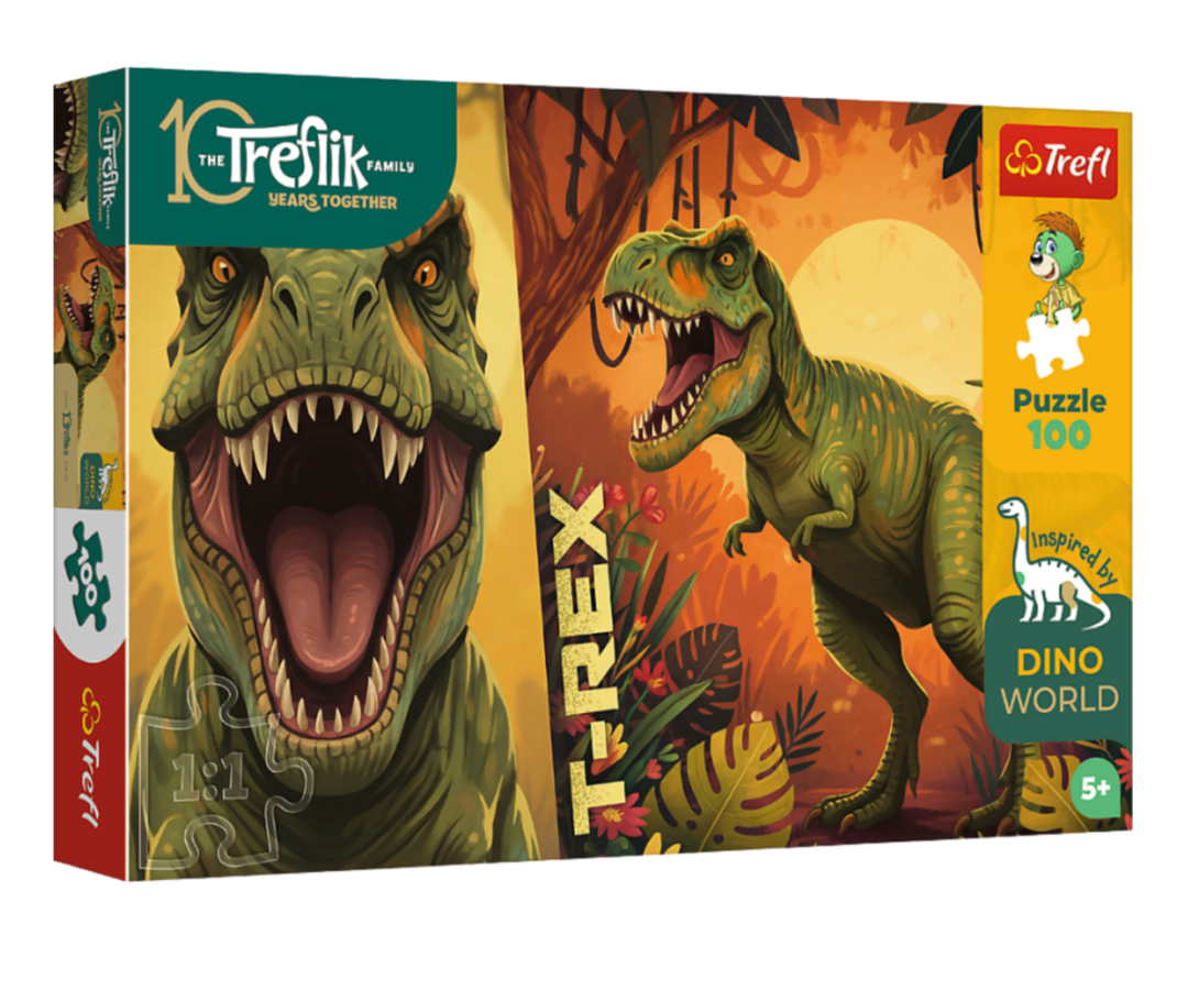 Pusle 100 osa Dino World T-Rex Treflik Family – Trefl kaanepilt, kus on kujutatud T-Rex dinosaurust.