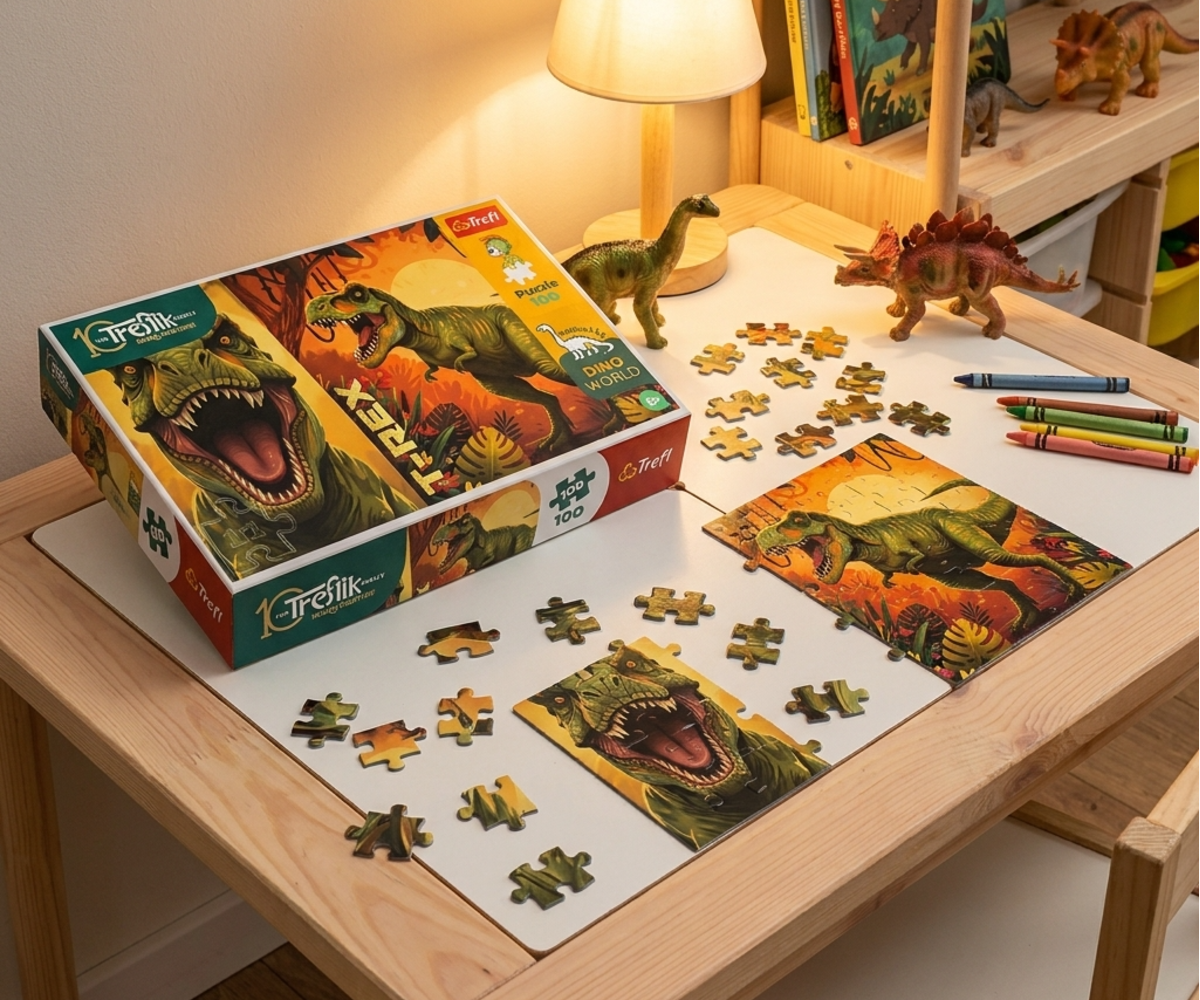 Pusle 100 osa Dino World T-Rex Treflik Family – Trefl laua peal koos pusle tükikestega ja dinosauruste mänguasjadega.