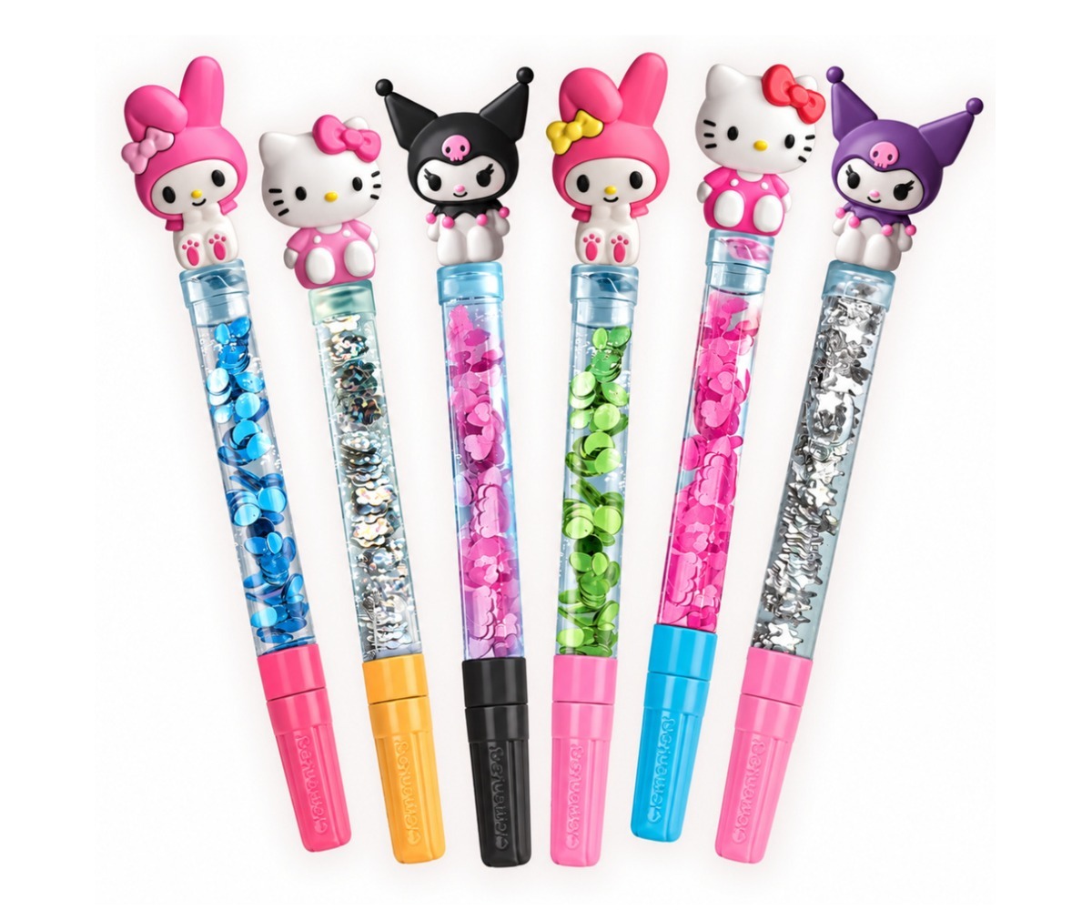 Läbipaistvad pliiatsid, millel on värvilised konfetti ja Hello Kitty karakterid, osa pastakate meisterdamiskomplektist Hello Kitty – Clementoni