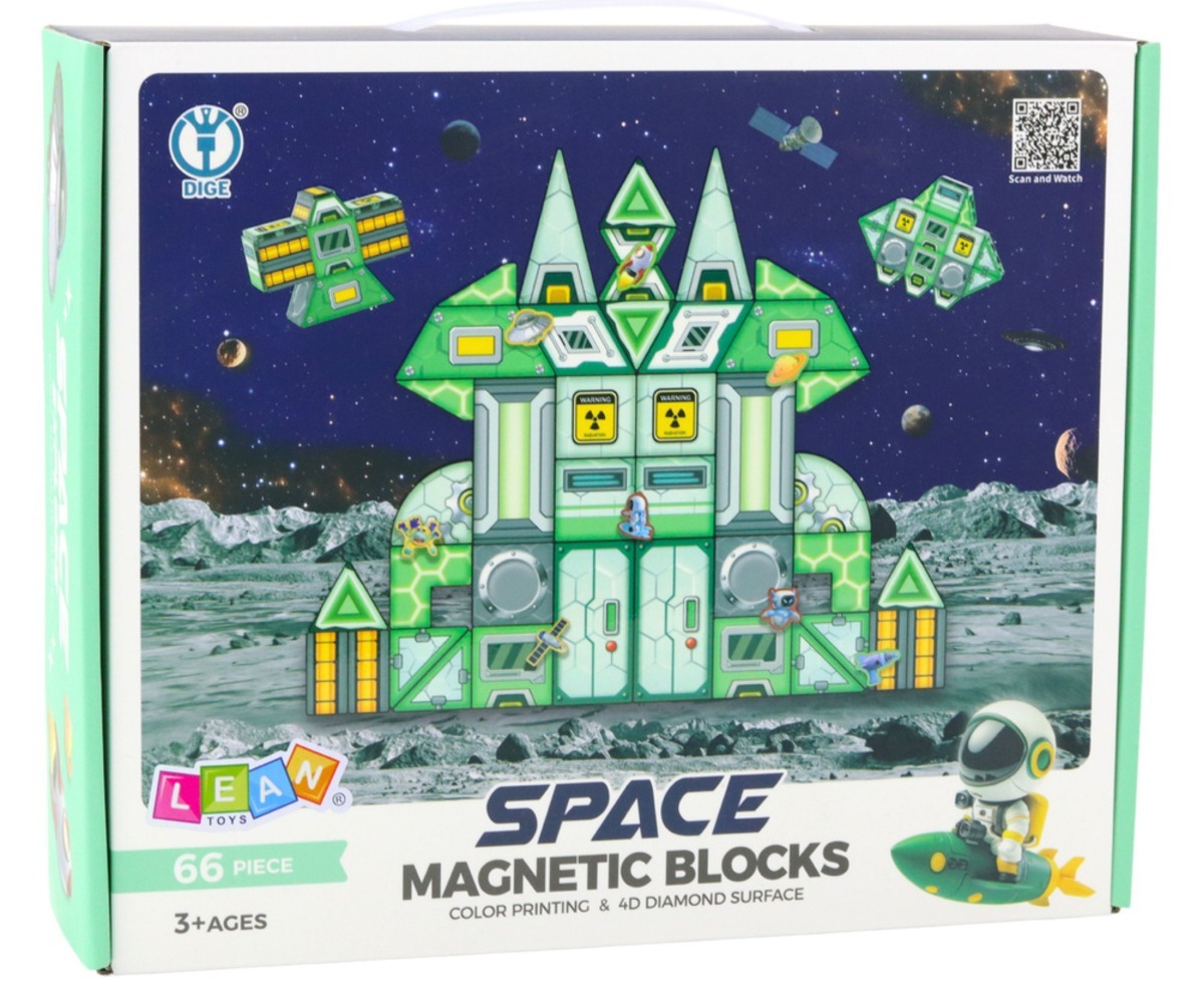 Magnetklotsid Space Station 4D – kosmosejaam, 66 osa pakendi pilt, mis näitab toote sisu ja stiili.