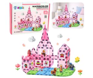 Magnetklotsid printsessiloss Watercolor Princess Castle 80 osa pakend, sisaldab roosasid klotse ja printsessiteemasid.