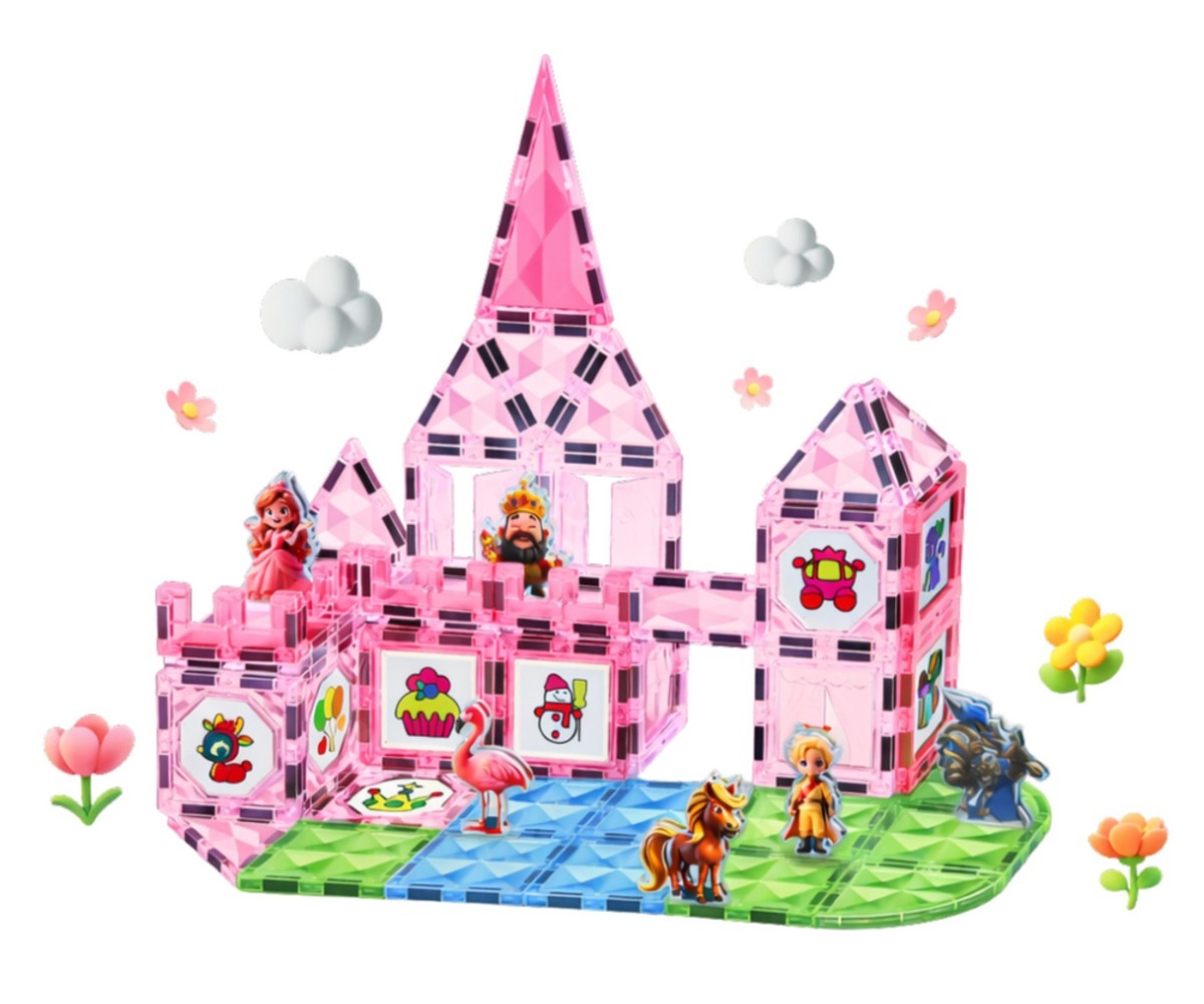Valminud Magnetklotsid printsessiloss Watercolor Princess Castle, koos roosa lossiga, mida kaunistavad printsessid ja loomad.