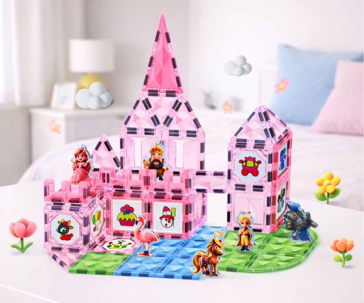 Magnetklotsid printsessiloss Watercolor Princess Castle, mängitud elutoas, esitleb lossi koos erinevate tegelaste ja lilledega.