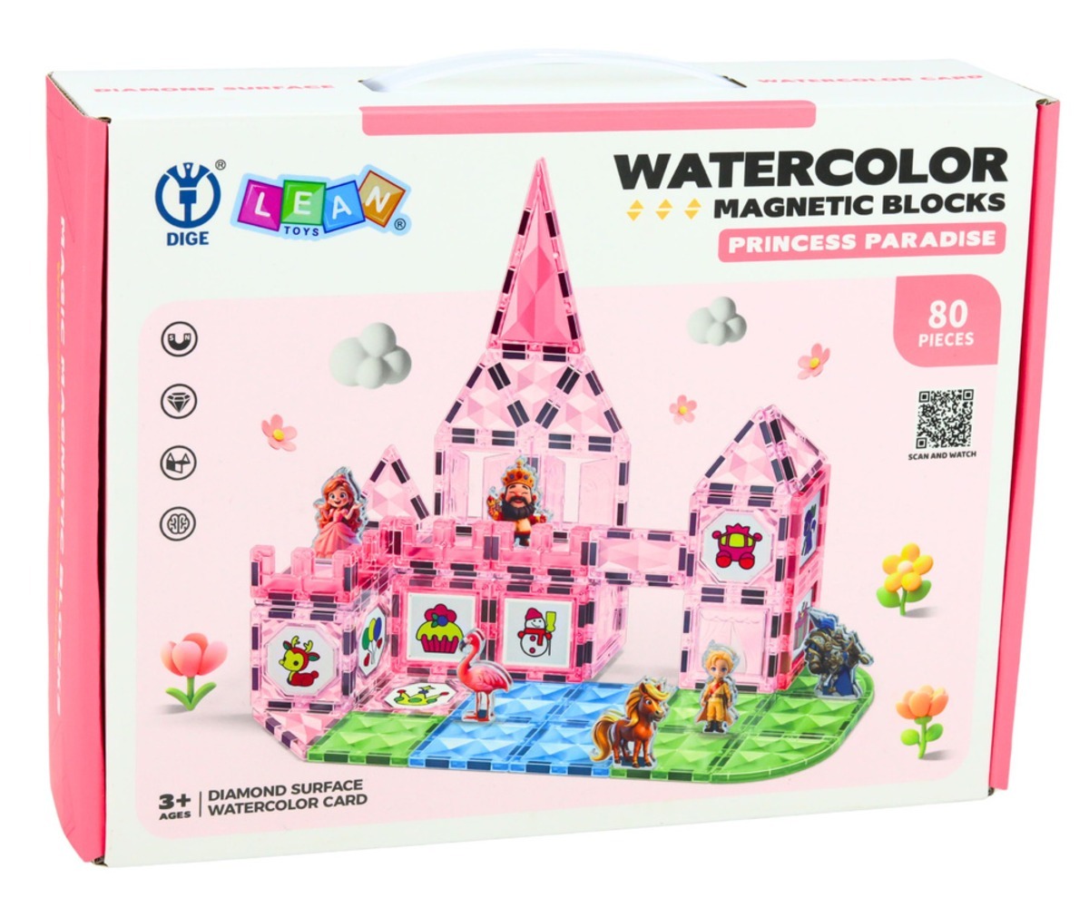 Magnetklotsid printsessiloss Watercolor Princess Castle, komplekt 80 osast, roosa lossi ehitus mängimiseks.