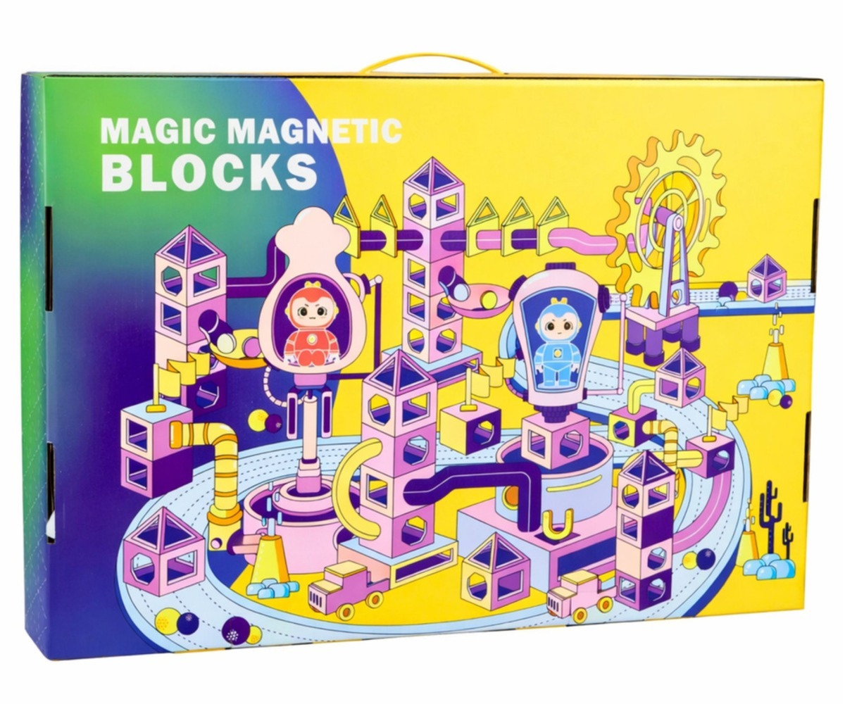 Magnetklotside pallirada Magic Blocks – 118 osa värvikas pakend, mis kujutab mänguväljakut