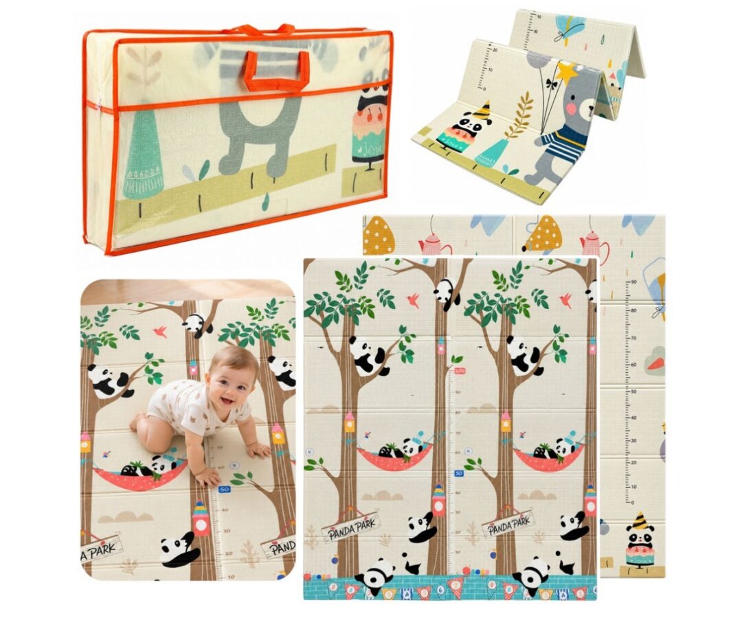 Kahepoolne kokkupandav mängumatt Panda ja Karu – 180×150cm, näha on ka kaas ja mängumatti erinevatelt külgedelt